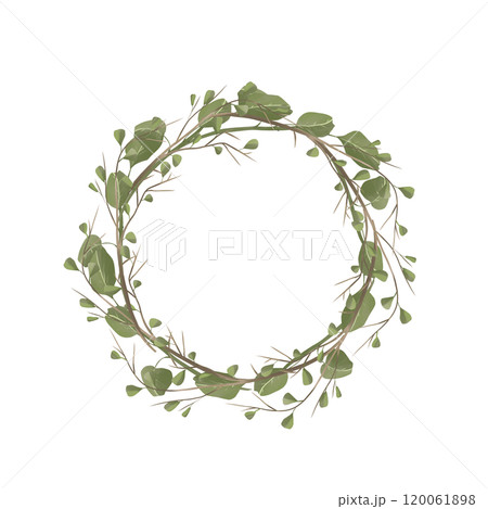 Wreath with Floral Elements: Green Branches, Leaves, Grass. Digital Painting Illustration with Place for Inscription for Printing and Web. 120061898