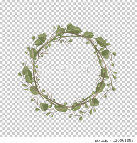 Wreath with Floral Elements: Green Branches, Leaves, Grass. Digital Painting Illustration with Place for Inscription for Printing and Web. 120061898