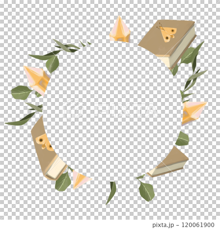 Wreath with Library Theme: Books, Baboki, Plants with Leaves, Twigs, Crystals. Digital Painting Illustration with Place for Inscription for Printing and Web. 120061900