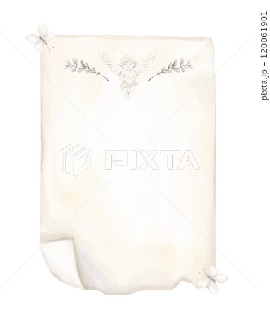 Watercolor Digital Illustration with Old Paper Sheet, Silver Branches with Leaves, Cupid Angel, White Butterfly, Valentine's Day Attribute, Copy Space Image for Print and Web Design 120061901