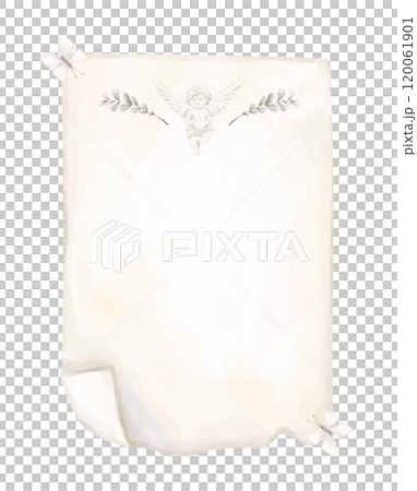 Watercolor Digital Illustration with Old Paper Sheet, Silver Branches with Leaves, Cupid Angel, White Butterfly, Valentine's Day Attribute, Copy Space Image for Print and Web Design 120061901