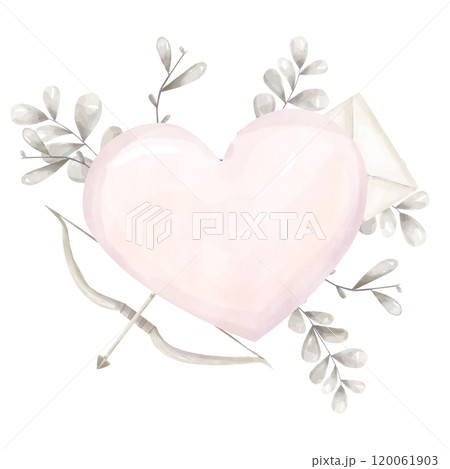 Watercolor Digital Illustration Big Pink Heart with Wooden Bow, Arrow, Silver Twigs, Leaves, Old Envelope, Valentine's Day Attribute, Element For Printing And Web Design Watercolor Digital Illustration Big Pink Heart with Wooden Bow, Arrow, Silver Twigs, Leaves, Old Envelope, Valentine's Day Attribute, Element For Printing And Web Design 120061903