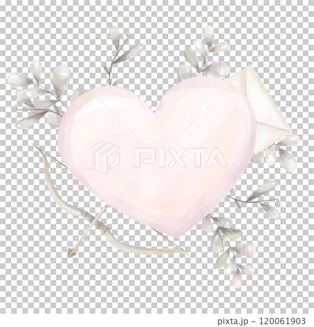 Watercolor Digital Illustration Big Pink Heart with Wooden Bow, Arrow, Silver Twigs, Leaves, Old Envelope, Valentine's Day Attribute, Element For Printing And Web Design Watercolor Digital Illustration Big Pink Heart with Wooden Bow, Arrow, Silver Twigs, Leaves, Old Envelope, Valentine's Day Attribute, Element For Printing And Web Design 120061903