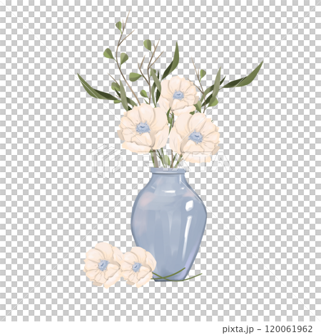 Illustration Composition Bouquet with Anemone Flowers, Plant Branches in Vase. Element from the Magic Library Collection. 120061962