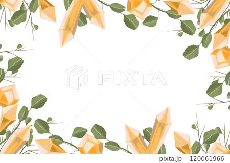 Horizontal Frame with Crystals and Plant Elements: Branches, Leaves. Digital Painting Illustration with Place for Inscription for Printing and Web. 120061966