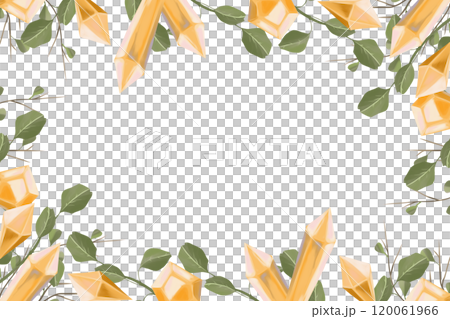 Horizontal Frame with Crystals and Plant Elements: Branches, Leaves. Digital Painting Illustration with Place for Inscription for Printing and Web. 120061966
