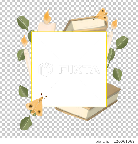 Square Frame Background with Gold Border, Books, Butterflies, Candles and Flames, with Leaves. Digital Painting Illustration with Place for Text for Printing and Web. Square Frame Background with Gold Border, Books, Butterflies, Candles and Flames, with Leaves. Digital Painting Illustration with Place for Text for Printing and Web. 120061968