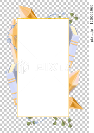 Vertical frame background with gold border, crystals, branches with leaves, book and beads. Digital painting illustration with place for inscription for printing and web. Vertical frame background with gold border, crystals, branches with leaves, book and beads. Digital painting illustration with place for inscription for printing and web. 120061969