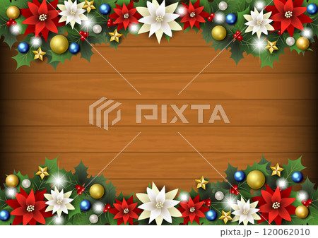 板ボードに柊と赤ポインセチアのクリスマス背景ヨコ、イラスト、かわいい 120062010