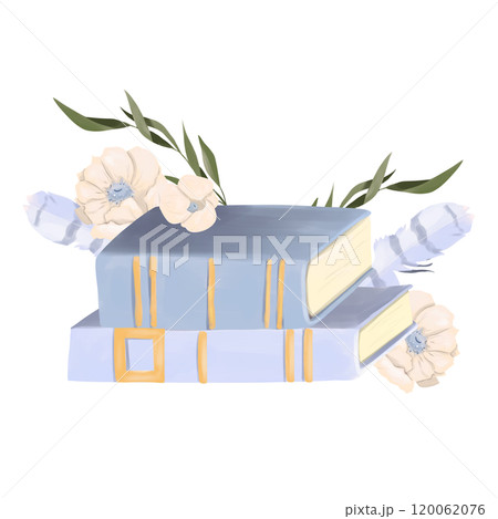 Illustration Composition with Two Books, Branches with Green Leaves, Cream Anemone Flowers with Blue Center. Element from the Magic Library Collection. Illustration Composition with Two Books, Branches with Green Leaves, Cream Anemone Flowers with Blue Center. Element from the Magic Library Collection. 120062076