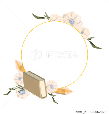 Round background with golden border, crystals, branches with leaves, book and flowers. Digital painting illustration with place for inscription for printing and web. 120062077