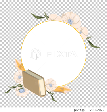 Round background with golden border, crystals, branches with leaves, book and flowers. Digital painting illustration with place for inscription for printing and web. 120062077
