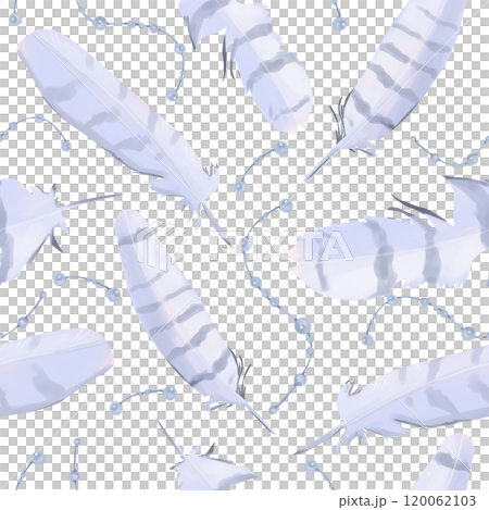 Seamless Pattern Illustration with Purple Fluffy Feathers, Beads on Thread, Jewelry, for Printing and Web Design 120062103