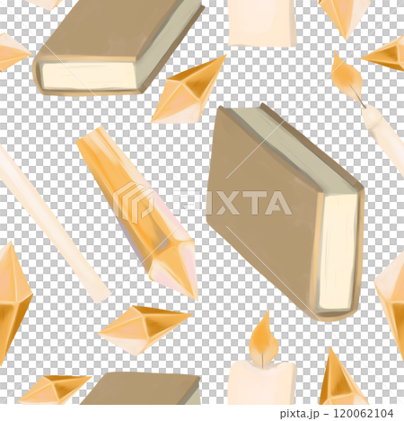 Seamless Pattern Illustration with Brown Book, Candle, Flame, Golden Crystals, for Printing and Web Design Seamless Pattern Illustration with Brown Book, Candle, Flame, Golden Crystals, for Printing and Web Design 120062104