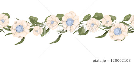 Seamless Illustration Border with Anemone Flowers, Branches with Leaves, for Printing and Web Design 120062108