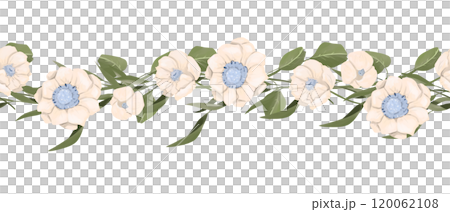 Seamless Illustration Border with Anemone Flowers, Branches with Leaves, for Printing and Web Design 120062108