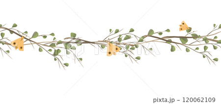 Seamless Illustration Border with Tree Branches, Leaves and Golden Butterflies, for Printing and Web Design Seamless Illustration Border with Tree Branches, Leaves and Golden Butterflies, for Printing and Web Design 120062109