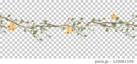 Seamless Illustration Border with Tree Branches, Leaves and Golden Butterflies, for Printing and Web Design Seamless Illustration Border with Tree Branches, Leaves and Golden Butterflies, for Printing and Web Design 120062109