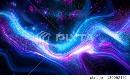 Abstract cosmic landscape featuring neon hues of blue, purple, and pink, with luminous stars and swirling energy fields creating an ethereal glow, space scene captures the beauty, science, astronomy 120062182