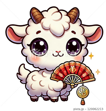 Cute cartoon goat character holding a decorative fan. Happy Chinese New Year Cute cartoon goat character holding a decorative fan. Happy Chinese New Year 120062213
