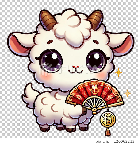 Cute cartoon goat character holding a decorative fan. Happy Chinese New Year Cute cartoon goat character holding a decorative fan. Happy Chinese New Year 120062213