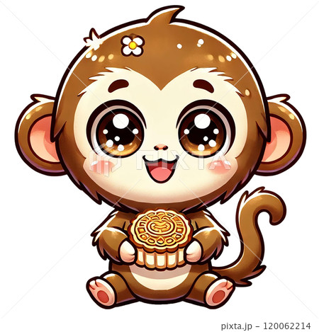 Cute monkey character holding a dessert, cheerful and playful. Happy Chinese New Year Cute monkey character holding a dessert, cheerful and playful. Happy Chinese New Year 120062214
