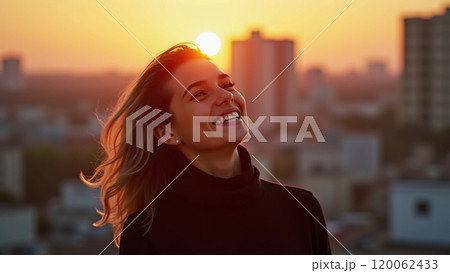 Smiling Beauty Joyful Young Woman in Black Enjoying a City Sunset 120062433