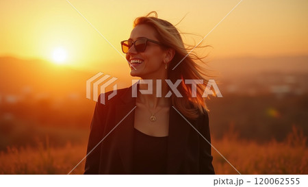 Sunny Vibes Fashionable Woman in Black Smiling at Sunset 120062555
