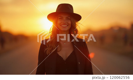 Sunny Vibes Fashionable Woman in Black Smiling at Sunset 120062556