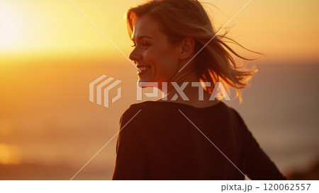 Sunny Vibes Fashionable Woman in Black Smiling at Sunset 120062557