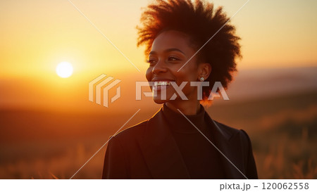Sunny Vibes Fashionable Woman in Black Smiling at Sunset 120062558