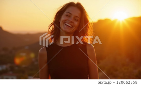 Sunny Vibes Fashionable Woman in Black Smiling at Sunset 120062559