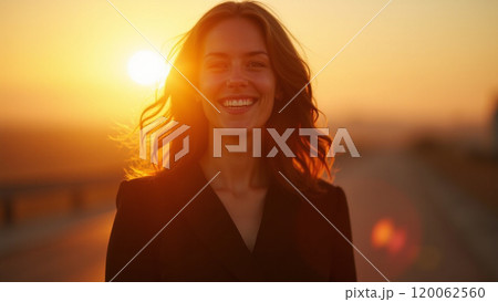Sunny Vibes Fashionable Woman in Black Smiling at Sunset 120062560