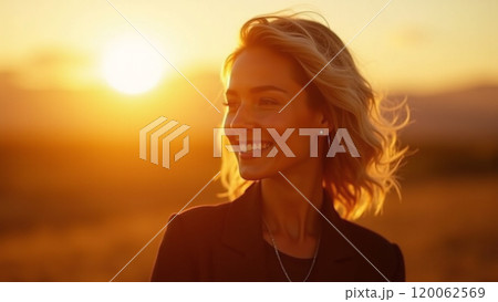 Sunny Vibes Fashionable Woman in Black Smiling at Sunset 120062569
