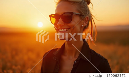 Sunny Vibes Fashionable Woman in Black Smiling at Sunset 120062571