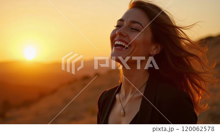 Sunny Vibes Fashionable Woman in Black Smiling at Sunset 120062578