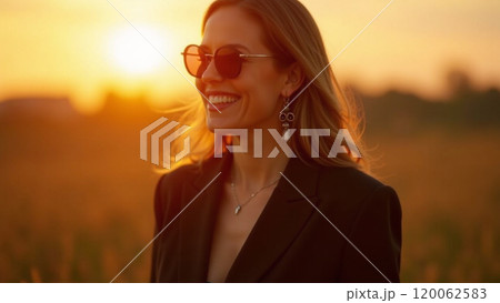 Sunny Vibes Fashionable Woman in Black Smiling at Sunset 120062583