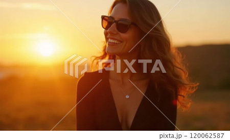 Sunny Vibes Fashionable Woman in Black Smiling at Sunset 120062587