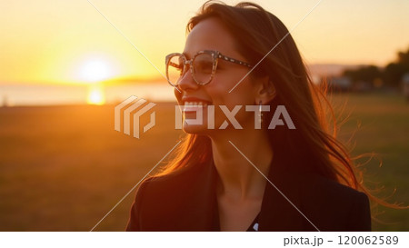 Sunny Vibes Fashionable Woman in Black Smiling at Sunset 120062589