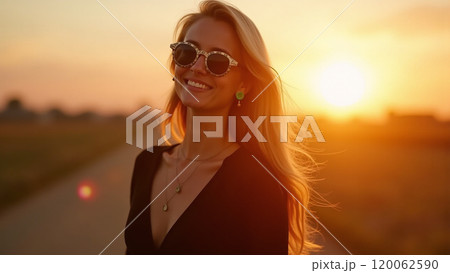 Sunny Vibes Fashionable Woman in Black Smiling at Sunset 120062590