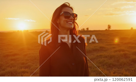 Sunny Vibes Fashionable Woman in Black Smiling at Sunset 120062591