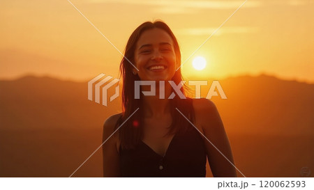 Sunny Vibes Fashionable Woman in Black Smiling at Sunset 120062593