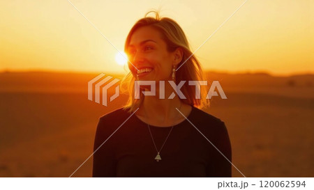 Sunny Vibes Fashionable Woman in Black Smiling at Sunset 120062594