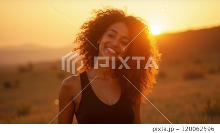 Sunny Vibes Fashionable Woman in Black Smiling at Sunset 120062596