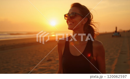 Sunny Vibes Fashionable Woman in Black Smiling at Sunset 120062597