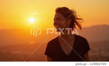 Sunny Vibes Fashionable Woman in Black Smiling at Sunset 120062599