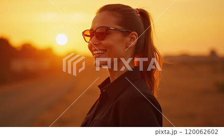 Sunny Vibes Fashionable Woman in Black Smiling at Sunset 120062602