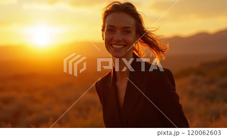 Sunny Vibes Fashionable Woman in Black Smiling at Sunset Sunny Vibes Fashionable Woman in Black Smiling at Sunset 120062603