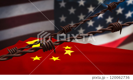 The rusty barbed wire and usa and china flag Background for Business concept 3d rendering. The rusty barbed wire and usa and china flag Background for Business concept 3d rendering. 120062736