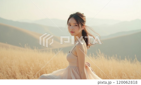 Delicate Touch Beautiful Asian Girl Posing on Beige in Panoramic View 120062818